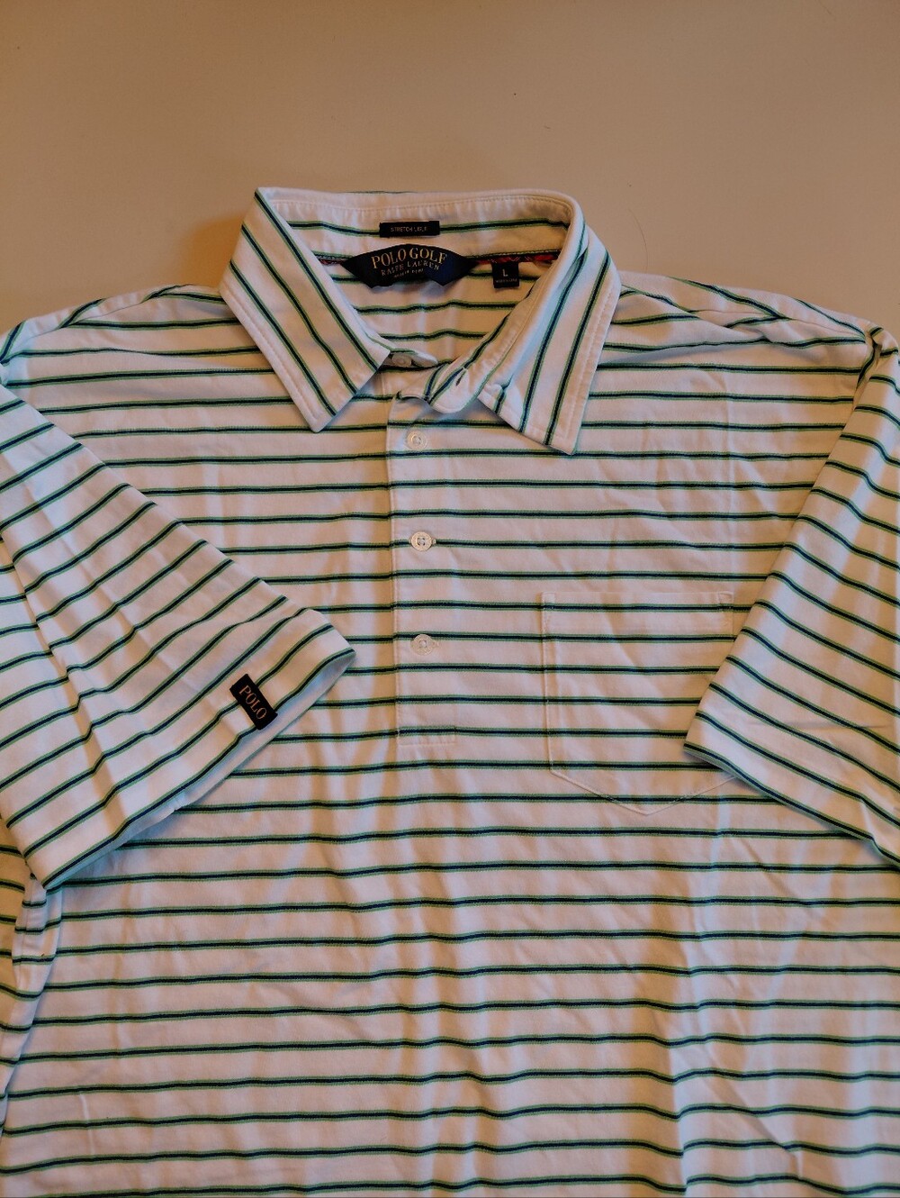 Polo Golf Ralph Lauren Mens Size L Stretch Lisle White Blue  Striped Polo Shirt